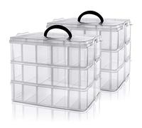 Kurtzy Caja Almacenamiento Plastico 3 Niveles (Pack de 2) - Ranuras de Compartimentos Ajustables - Caja Organizadora Plastico Transparente - Máximo 30 Compartimentos - Guardar Juguetes Joyas, Cuentas
