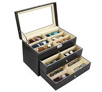 Kurtzy Caja Gafas Cuero Sintético Negro - Organizador Gafas de Sol 18 Compartimentos - Caja 3 Niveles con Cierre y Gavetas - Gafas de Sol, de Lectura, Joyas/Relojes para Hombre y Mujer