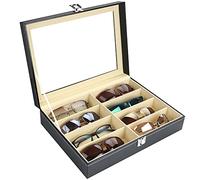 Kurtzy Caja Gafas Cuero Sintético - Organizador Gafas de Sol 8 Compartimentos - Caja Negra con Cierre para Mostrar/Guardas Gafas de Sol, de Lectura o Joyas/Relojes para Hombre y Mujer