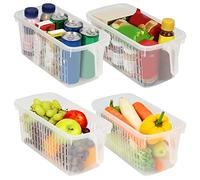 Kurtzy Contenedores Organizador Nevera Cocina y Alacena con Asa (Pack de 4) - 32 cm de Largo Total - Cajones Congelador Plástico Transparente para el Baño, Alacena, Cajón, Refrigerador y el Hogar