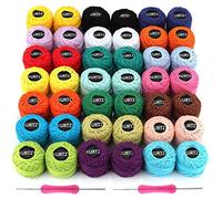 Kurtzy Hilo Crochet Colorido (42 Bolas) - 2 Agujas de Ganchillo (1 mm y 2 mm) Cada Madeja de Hilo de Algodón Pesa 5 g - Total de 1512 m - Kit Surtido