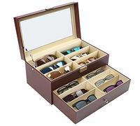 Kurtzy Organizador Gafas de Sol de Cuero Sintético Marrón - Estuche Gafas 12 Compartimentos - 2 Niveles con Cierre para Guardar/Mostrar sus Gafas - Caja para Gafas, Relojes, Joyas - Hombre y Mujer