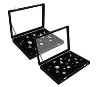Kurtzy Pack de 2 Bandeja Organizador de Joyas Terciopelo Negro Organizador Anillos 100 Ranuras con Tapa - Joyero Pendientes con Tapa de Cristal Transparente para Anillos y Gemelos