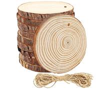 Kurtzy Set de 10 Rodajas de Madera para Manualidades con Agujero y Cuerda - 10 a 12 cm de Diámetro, 10 mm de Grosor - Troncos Madera Decoracion Rústica con Corteza - Adornos Colgantes de Navidad
