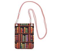 kurue Library - Bolso bandolera pequeño con estampado de estantería para teléfono celular, cartera con correa ajustable para mujer, Rosa, Talla única