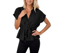 Kurzarmhemd mit Stehkragen und modischem Taillengürtel. Elegante Bluse für Die Arbeit und Die tägliche Freizeitkleidung., negro, S
