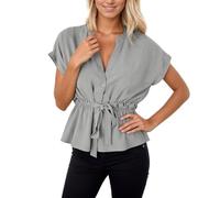 Kurzarmhemd mit Stehkragen und modischem Taillengürtel. Elegante Bluse für Die Arbeit und Die tägliche Freizeitkleidung., gris, L