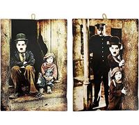 KUSTOM ART Composición de 2 cuadros de estilo vintage Charlie Chaplin de la película Ladrones de Bicicletas. Impresión sobre madera 18 x 25 cm. Para decoración de restaurante Pizzeria Bar Hotel.