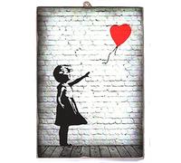 KUSTOM ART - Cuadro de estilo vintage Bansky para niña y globo de corazón, impresión sobre madera 40x30 cm
