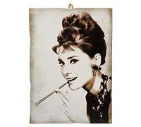 KUSTOM ART Cuadro de estilo vintage serie Actores & Café Audrey Hepburn de la película Desayuno por Tiffany (1961) Impresión en madera 18 x 25 cm.