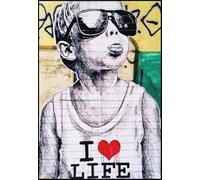 KUSTOM ART Cuadro de pared o de mesa, serie de cuadros famosos estilo Banksy Niño con gafas I Love Life, impresión artística sobre madera, 30 x 21 cm