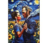 KUSTOM ART Cuadro de pared o de mesa Serie Pinturas Celebri Noche estrellada Parodia con Frida Kahlo y Vincent van Gogh Danza entre girasoles Impresión artística sobre madera 30 x 21 cm