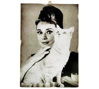 KUSTOM ART Cuadro de pared Serie Actores Celebres Audrey Hepburn Gato Impresión sobre madera 25 x 18 cm