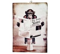 KUSTOM ART Cuadro de pared Serie Animales Decoración WC Mono sobre Water con periódico Daily News Impresión sobre madera 25 x 18 cm