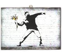 KUSTOM ART Cuadro estilo vintage Banksy Lanzamiento de flores impresión sobre madera 10 x 15 cm