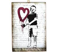 KUSTOM ART Cuadro estilo vintage Banksy Niño pintando corazón impresión sobre madera 10 x 15 cm