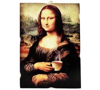 KUSTOM ART Cuadro estilo vintage La Mona Lisa Mona con taza de The L. Da Vinci Impresión sobre madera 25 x 18 cm.
