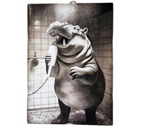 KUSTOM ART Cuadro serie animales decoración baño hipopótamo en ducha impresión sobre madera 25 x 18 cm