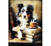 KUSTOM ART Póster decorativo de pared Serie Animales Aristócratas Perro Border Collie con taza de té Impresión artística sobre papel Patinata 40 x 30 cm sin marco