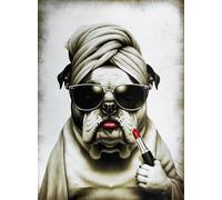 KUSTOM ART Póster decorativo de pared Serie Animales Aristócratas Perro Bulldog Inglés con Gafas de Sol Pintalabios y Toalla Impresión Artística sobre Papel Patinado 40x30 cm Sin Marco