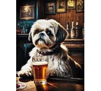 KUSTOM ART Póster decorativo de pared Serie Animales Aristócratas Perro Shih Tzu con cerveza en el mostrador Bar Impresión artística sobre papel Patinata 40 x 30 cm sin marco