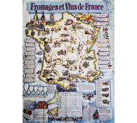 KUSTOM ART Póster decorativo de pared Serie Publicidad Vintage Quesos y Vinos de Francia con mapa ilustrado Impresión sobre papel Patinata 40 x 30 cm sin marco