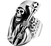 KUTCEK Anillo de guadaña de calavera para hombre, acero de titanio, gótico, vintage, regalo para él, estilo segador, anillo de declaración con temática oscura, 9, Acero inoxidable
