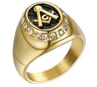 KUTCEK Anillo masónico para hombre, estilo vintage, chapado en oro, acero de titanio, con circonita, regalo de joyería fraterna, 9, Acero inoxidable