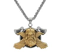 KUTCEK Collar de acero de titanio con leyenda dorada de doble hacha de cuervo para seguidores masculinos de la cultura nórdica, 60 cm, Acero inoxidable