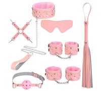 Kutocesy Kit BDSM 7 Piezas con Esposas de Peluche Antifaz Collar con Correa Látigo Mordaza Kit Bondaged Mujer para Parejas Juguetes Sexuales (Pink)