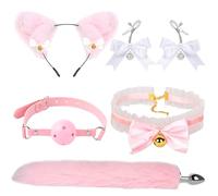 Kutocesy Plug Anal Con Cola Juego De Rol Orejas De Gato Mordaza Campanas Collar Pezón Pinzas 5 Piezas Juguetes Sexuales Para Hombres Mujeres (Pink)