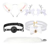 Kutocesy Plug Anal Con Cola Juego De Rol Orejas De Gato Mordaza Campanas Collar Pezón Pinzas 5 Piezas Juguetes Sexuales Para Hombres Mujeres (White)