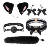 Kutocesy Plug Anal Con Cola Juego De Rol Orejas De Gato Mordaza Campanas Collar Pezón Pinzas 5 Piezas Juguetes Sexuales Para Hombres Mujeres (Black)