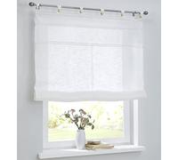 Kutti - Cortina de algodón puro con trabillas y bolas de madera de color blanco, para cocina, aspecto de lino, 60 cm de ancho x 140 cm de alto