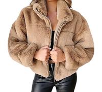 KUUFUUT Chaqueta Polar Corta Informal para Mujer con Cremallera Completa Cálida Suave De Peluche De Manga Larga para Invierno para Exteriores con Cuello Alto Cómoda Clásica Color Caqui Xxl