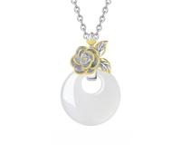 KUUFUUT Collar De Plata De Ley 925 para Mujer con Colgante De 12 Deidades Florales. Delicado Colgante De Calcedonia Blanca Ping An Kou. Joyería Protectora. Regalo De Cumpleaños. Camelia De Noviembre.