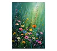 KUUFUUT Cuadros Al Óleo Abstractos Modernos Pintados A Mano con Flores Silvestres Multicolores Sobre Lienzo Fondo Verde Oscuro Decoración Floral para El Hogar 120 X 180 Cm (47 X 71 Pulgadas)