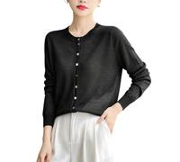 KUUFUUT Linen Knit Cardigan For Women Long Sleeve Crew Neck Lightweight Thin Cardigan with Multicolor Button Summer Breathable Cover Ups For Office Daily Wear Black XS