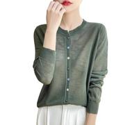 KUUFUUT Linen Knit Cardigan For Women Long Sleeve Crew Neck Lightweight Thin Cardigan with Multicolor Button Summer Breathable Cover Ups For Office Daily Wear Turquoise Green XS