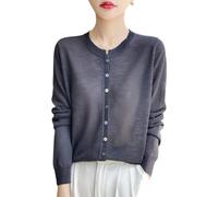 KUUFUUT Linen Knit Cardigan For Women Long Sleeve Crew Neck Lightweight Thin Cardigan with Multicolor Button Summer Breathable Cover Ups For Office Daily Wear Gray XS