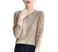 KUUFUUT Linen Knit Cardigan For Women Long Sleeve Crew Neck Lightweight Thin Cardigan with Multicolor Button Summer Breathable Cover Ups For Office Daily Wear Oatmeal Camel XS