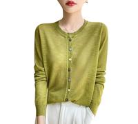 KUUFUUT Linen Knit Cardigan For Women Long Sleeve Crew Neck Lightweight Thin Cardigan with Multicolor Button Summer Breathable Cover Ups For Office Daily Wear Green XS