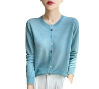KUUFUUT Linen Knit Cardigan For Women Long Sleeve Crew Neck Lightweight Thin Cardigan with Multicolor Button Summer Breathable Cover Ups For Office Daily Wear Lake Blue XS