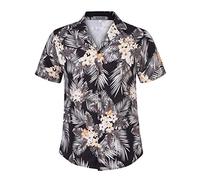 KUULEE Hombre Camisas Hawaianas Funky de Manga Corta Bolsillo Delantero Vacaciones de Verano Aloha Impreso Playa Camisa Informal de Hawaii Flor-Negro S