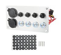 Kuuleyn Aluminum Push Button Switch Panel, 4 Gang Push Button Switch Panel With Circuit Breakers Cigarette Lighter Socket USB Charging Port Blue Backlight for RV (AOS4313S 4)