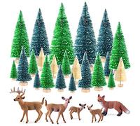 KUUQA 25 Piezas Mini árboles de sisal Cepillo de Botella Árboles Árboles de Escarcha de Nieve con Figuras en Miniatura Animales del Bosque Ciervos Zorro Mesa Artesanía Decoración