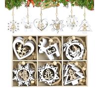 Kuvarix 18PCS Adornos Arbol Navidad Madera, 6 Estilos Decoración Arbol de Navidad con Caja de Madera y Cuerda para Colgar, Onstrucción de Doble Capa, Ideal para Decoración Navideña