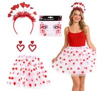 Kuvarix Disfraz de Cupido para Mujer, 4 Piezas Accesorios San Valentin, Diadema de Corazon Rojo Tutu Blanco Pendientes Corazón Pegatinas para Tatuajes Faciales para San Valentín, Carnaval, Fiesta