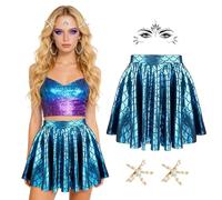 Kuvarix Disfraz de Sirena Mujer, Azul Falda Sirena Brillante + 2 Estrella de mar Clips + Gemas Facial, Disfraz Sirena Mujer Accesorios Cosplay per Carnevale, Fiesta Temática