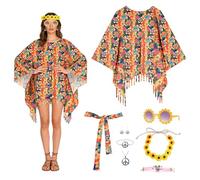 Kuvarix Disfraz Hippie Mujer, 8 Piezas Disfraz Años 70 Mujer con Poncho, Collar, Pendientes, Diadema, Gafas de Sol, para Carnaval, Mardi Gras, Discoteca y Fiesta (B)